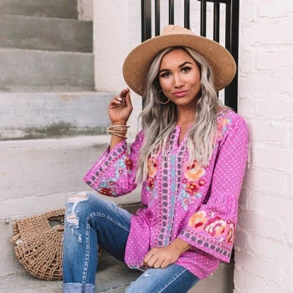 Soho Pink Moon Bay Top Medium Floral Embroidered Boho Artsy Pink Garden Girl - Picture 2 of 11